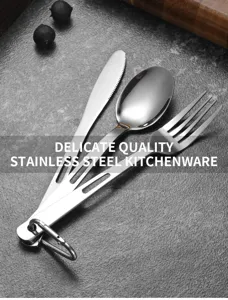 Close-up of portable stainless steel cutlery set with hollow handles and carabiner clip.