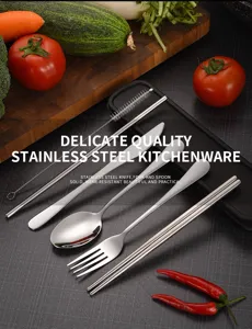 Close-up detail of a stainless steel portable cutlery set including straw and carrying case