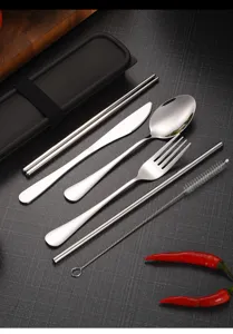 Detailed view of portable 304 stainless steel cutlery set with black case and straw brush
