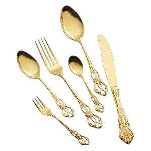 Elegante set di posate in oro da 6 pezzi in acciaio inox con design vintage a rilievo
