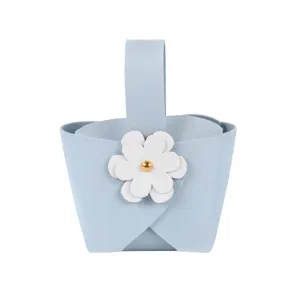 Elegant light blue leather wedding candy gift box with white flower and single handle