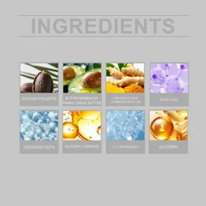 Vue détaillée des ingrédients actifs à base de plantes et de la formule de la savonnette.