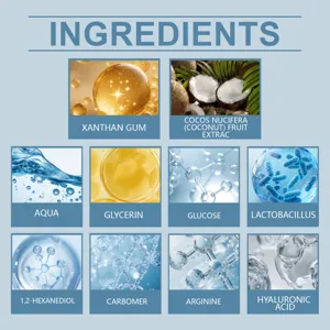 Detalles de ingredientes del suero facial con componentes activos como ácido hialurónico.