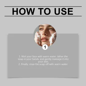 Image de guide d'utilisation du savon nettoyant visage HOYGI montrant des instructions.
