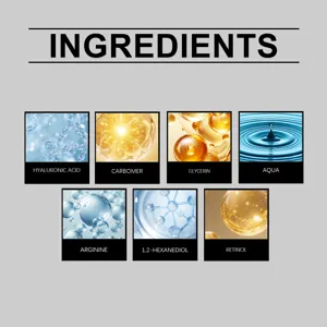 Dettaglio skincare con principi attivi chiave come acido ialuronico, glicerina e retinolo.