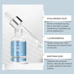 Detalle del sérum facial que muestra la botella, la pipeta y especificaciones de ingredientes.