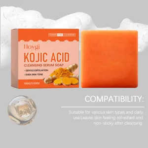 Vue détaillée du savon nettoyant facial à l'acide kojique Hoygi et de son emballage naturel.