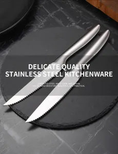Close-up of high-quality stainless steel steak knives with sharp serrated edges