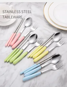 Candy colored stainless steel cutlery set including spoon fork and chopsticks for travel