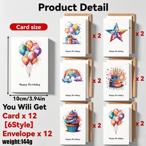 Set of 12 watercolor birthday cards in 6 artistic styles with matching envelopes.