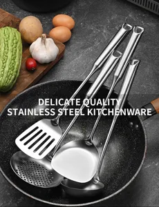 Close-up of premium 316 stainless steel kitchen utensil set with brushed texture handles