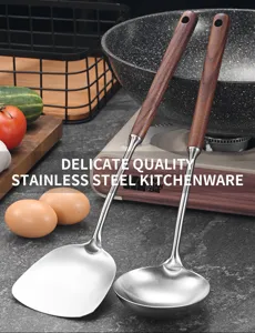 Macro view of premium 304 stainless steel spatula and ladle with elegant wooden handles