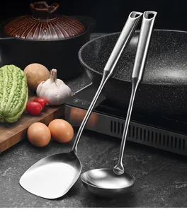 Detail of 316 stainless steel spatula and soup ladle set with hollow long handles
