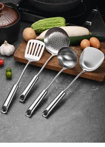 Professional close-up of 4-piece 316 stainless steel kitchen utensil set with hollow handles.