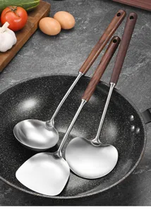 Detailed view of 304 stainless steel spatulas and ladle with elegant wooden handles