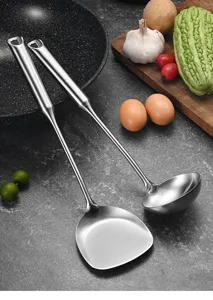 Detailed view of 316 stainless steel spatula and ladle set with ergonomic handles