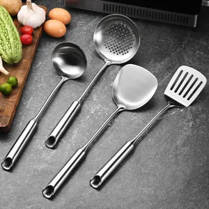 316 Stainless Steel Kitchen Utensils Set Heat Resistant Integrated Spatula Soup Ladle Skimmer Slotted Turner Long Handle