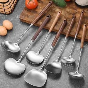 Professional 304 stainless steel kitchen utensil set featuring ergonomic solid wooden handles