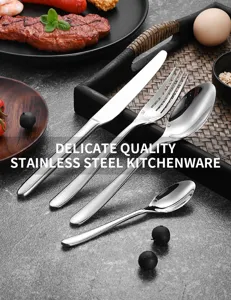 High-quality 304 stainless steel cutlery set with knife, fork, and spoons for dining
