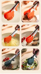 Multi-purpose stainless steel food tongs showing various cooking scenes