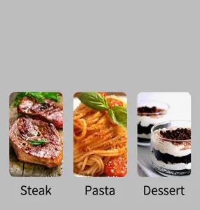 Guide visuel montrant trois scénarios d'utilisation pour les couverts : steak, pâtes, dessert.