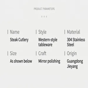 Spécifications détaillées du produit pour ensemble de couverts à steak en acier 304.
