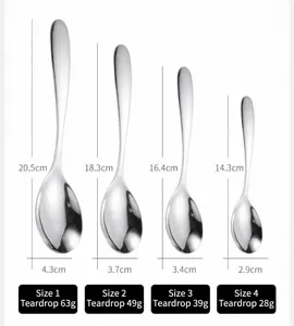 Dimensions et poids détaillés de quatre tailles de cuillères en acier inoxydable 304