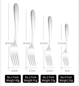 Spécifications détaillées de dimensions et de poids pour quatre tailles de fourchettes en inox