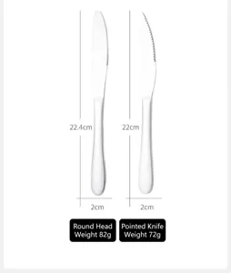 Dimensions détaillées et poids pour couteaux à steak en acier inoxydable 304, bouts ronds et pointus.