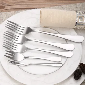 Set of five polished stainless steel western dining forks for steak and pasta usage