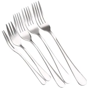 Premium set of five stainless steel dinner and dessert forks on a white background