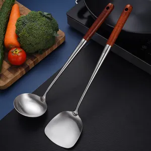 Juego de espátula y cucharón de acero inox SUS304 con mangos largos de eucalipto