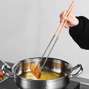Extra Lange 304 Roestvrijstalen Frituurstokjes Hittebestendige Beukenhouten Handvat Anti Brandwonden Kookstokjes Voor Hot Pot Noedels