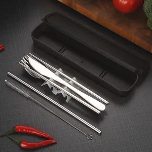 Premium portable 304 stainless steel cutlery set with black storage case and straw brush.