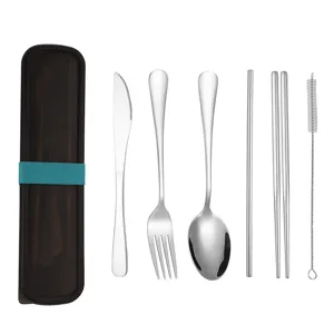 Complete 304 stainless steel portable cutlery set with storage case and straws
