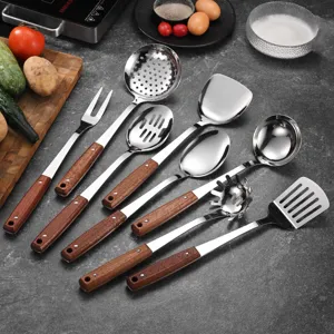 7-teiliges Küchenhelfer-Set aus Edelstahl mit hochwertigen Griffen aus Sapele-Holz
