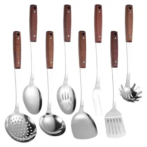 Premium 8-teiliges Küchenhelfer-Set aus Edelstahl mit ergonomischen Sapele-Holzgriffen