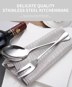 Close-up of polished stainless steel serving spoon and fork on a white porcelain plate