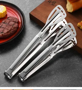 Detail view of high-quality SUS 304 stainless steel food tongs with hollow slotted design