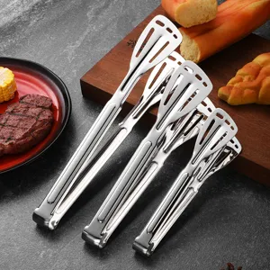 Commercial Stainless Steel Food Tongs Three-Line Hollow Shovel Buffet Bread Cake Dessert Clips Mirror Polished Steak BBQ Tongs Durable Kitchen Utensil