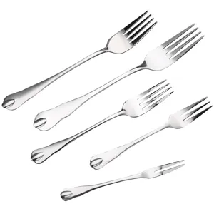 Stainless steel mirror-finish dining fork set in various sizes for versatile home use.