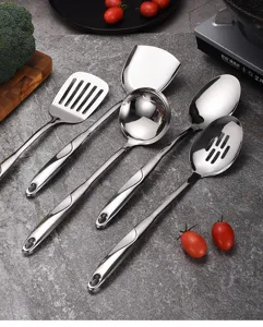 Close-up of premium stainless steel kitchen utensil set with S-shaped hollow handles