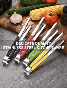 Macro view of high-quality stainless steel food tongs with colorful plastic handles.