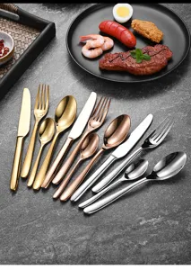 Detail of premium 304 stainless steel cutlery set in gold, rose gold and silver