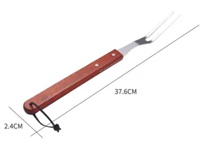 BBQ grill meat fork made of stainless steel with a wood handle and leather lanyard, 37.6cm