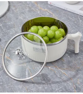 Detailansicht der weißen Edelstahl-Lunchbox mit süßem silbernen Bärengriff auf Glasdeckel