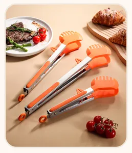 Orange silicone food tongs set with standing feet and stainless steel handles, 3 sizes included