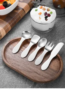 5-piece mini 304 stainless steel dessert cutlery set with spoons and fork on wooden tray