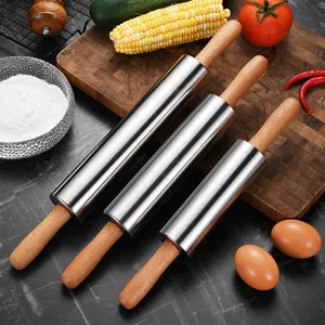 Stainless steel rolling pin set with wooden handles for baking dough and pastry