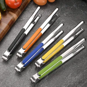 Premium stainless steel food tongs with colorful non-slip silicone handles for BBQ and buffet